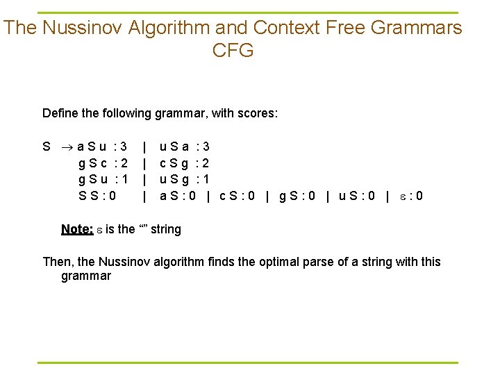 The Nussinov Algorithm and Context Free Grammars CFG Define the following grammar, with scores: