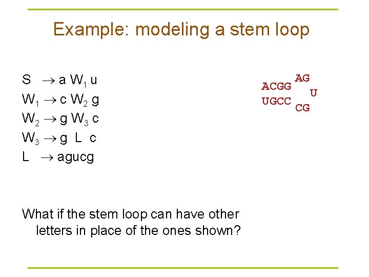 Example: modeling a stem loop S a W 1 u W 1 c W