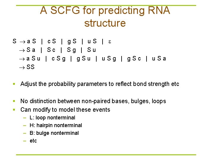 A SCFG for predicting RNA structure S a S | c S | g