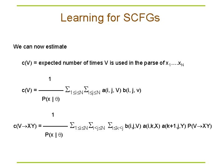 Learning for SCFGs We can now estimate c(V) = expected number of times V