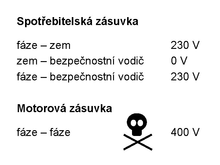 Spotřebitelská zásuvka fáze – zem – bezpečnostní vodič fáze – bezpečnostní vodič 230 V