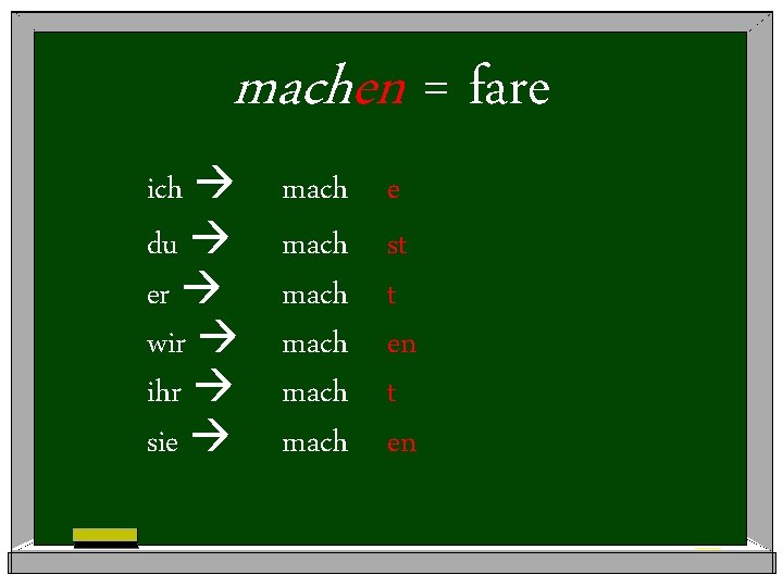 machen = fare ich du er wir ihr sie mach mach e st t