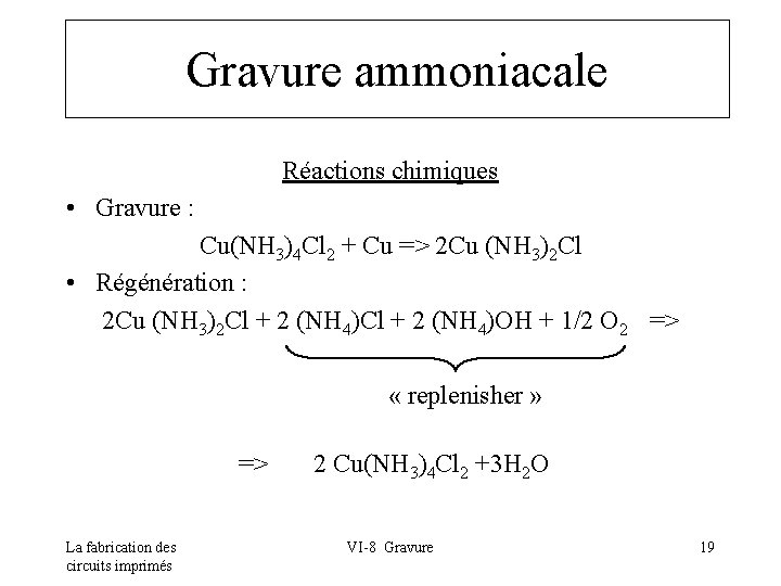 Gravure ammoniacale Réactions chimiques • Gravure : Cu(NH 3)4 Cl 2 + Cu =>