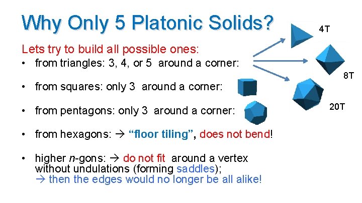 Why Only 5 Platonic Solids? 4 T Lets try to build all possible ones: