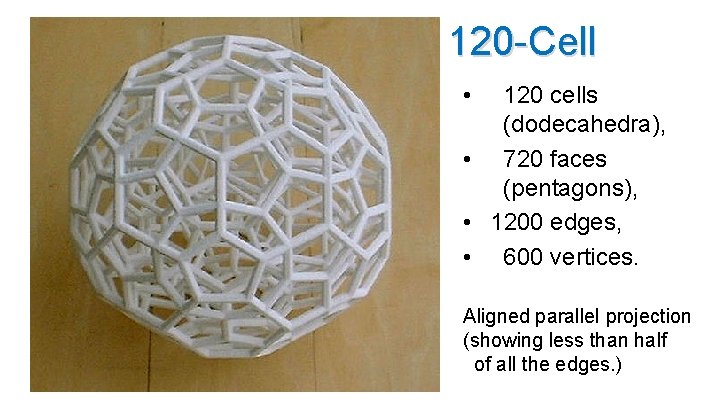 120 -Cell • 120 cells (dodecahedra), • 720 faces (pentagons), • 1200 edges, •