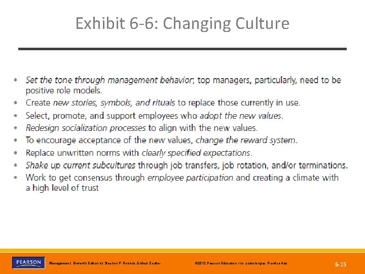 Exhibit 6 -6: Changing Culture Copyright © 2012 Pearson Education, Inc. publishing as Prentice