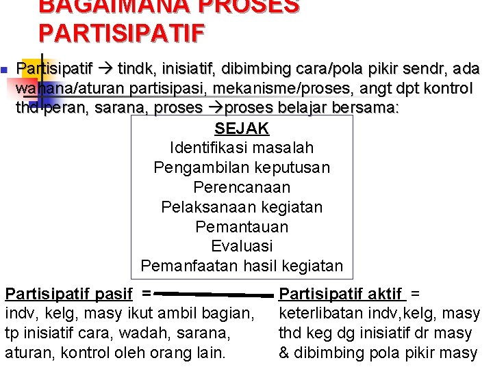 BAGAIMANA PROSES PARTISIPATIF n Partisipatif tindk, inisiatif, dibimbing cara/pola pikir sendr, ada wahana/aturan partisipasi,