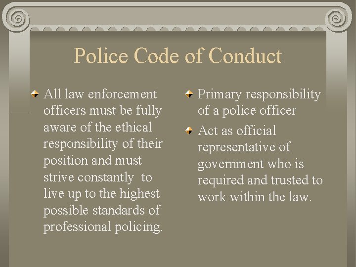 Police Code of Conduct All law enforcement officers must be fully aware of the