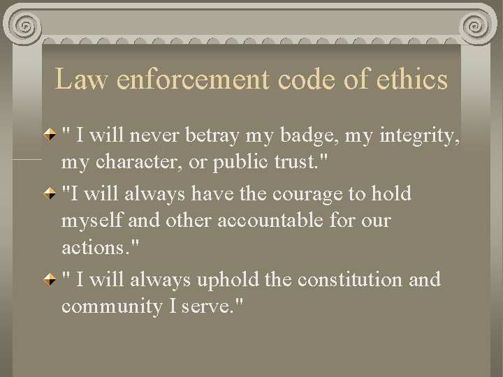 Law enforcement code of ethics " I will never betray my badge, my integrity,