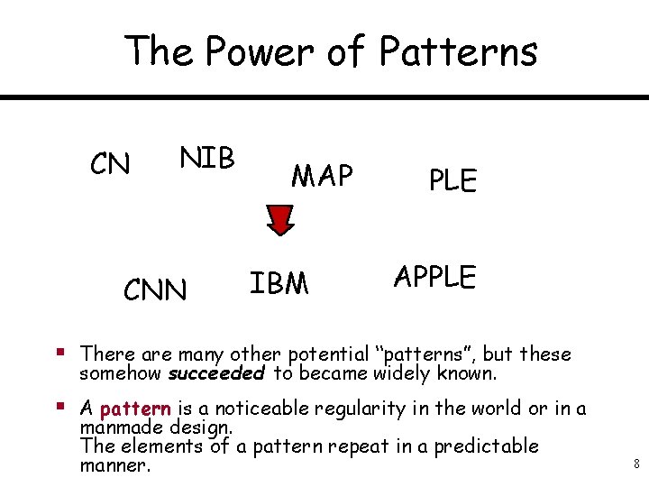 The Power of Patterns CN NIB CNN MAP IBM PLE APPLE § There are