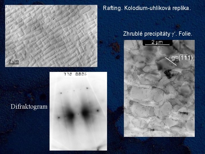 Rafting. Kolodium-uhlíková replika. Zhrublé precipitáty ‘. Folie. Difraktogram 