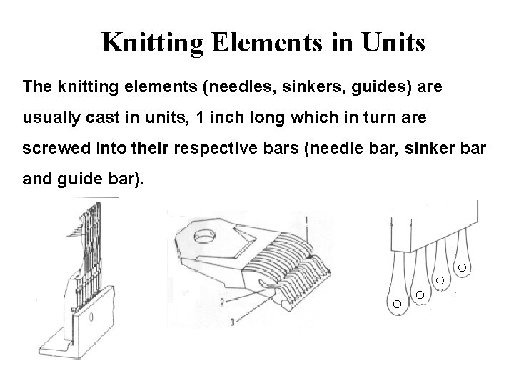 Knitting Elements in Units The knitting elements (needles, sinkers, guides) are usually cast in