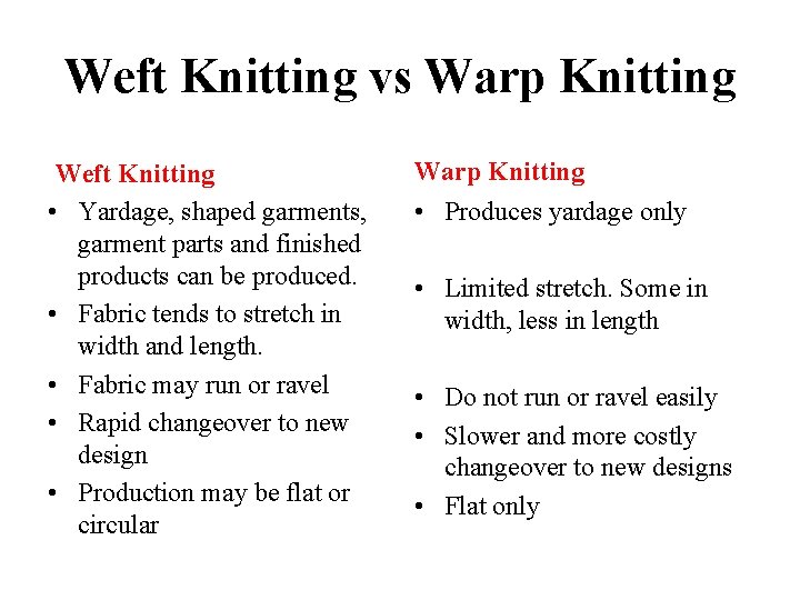 Weft Knitting vs Warp Knitting Weft Knitting • Yardage, shaped garments, garment parts and