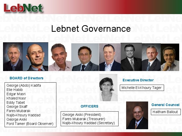 Lebnet Governance BOARD of Directors George (Abdo) Kadifa Elie Habib Edgar Masri Khaled Nasr