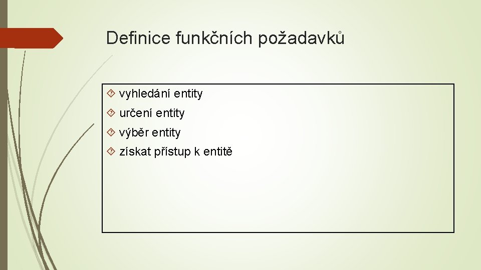 Definice funkčních požadavků vyhledání entity určení entity výběr entity získat přístup k entitě 