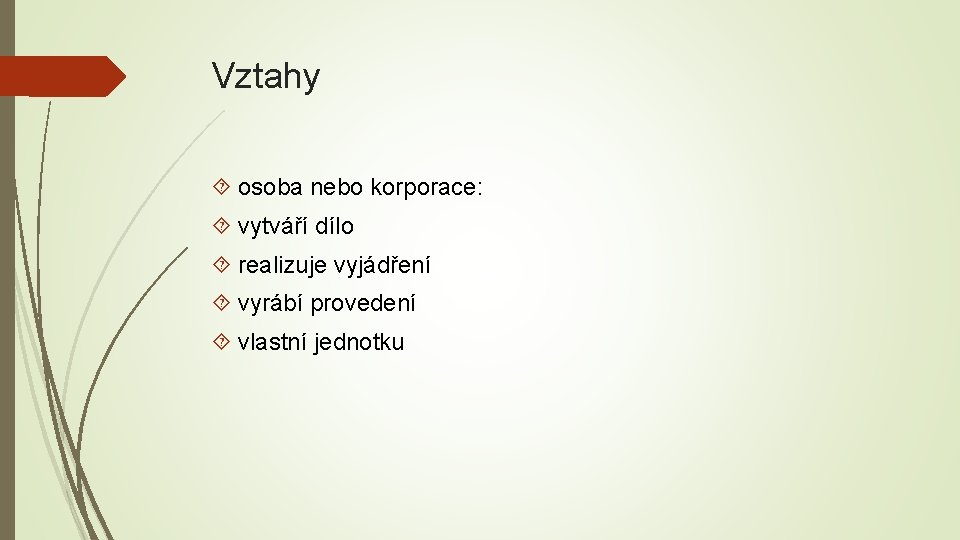 Vztahy osoba nebo korporace: vytváří dílo realizuje vyjádření vyrábí provedení vlastní jednotku 