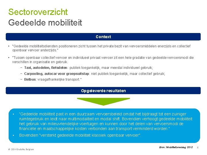 Sectoroverzicht Gedeelde mobiliteit Context • “Gedeelde mobiliteitsdiensten positioneren zicht tussen het private bezit van