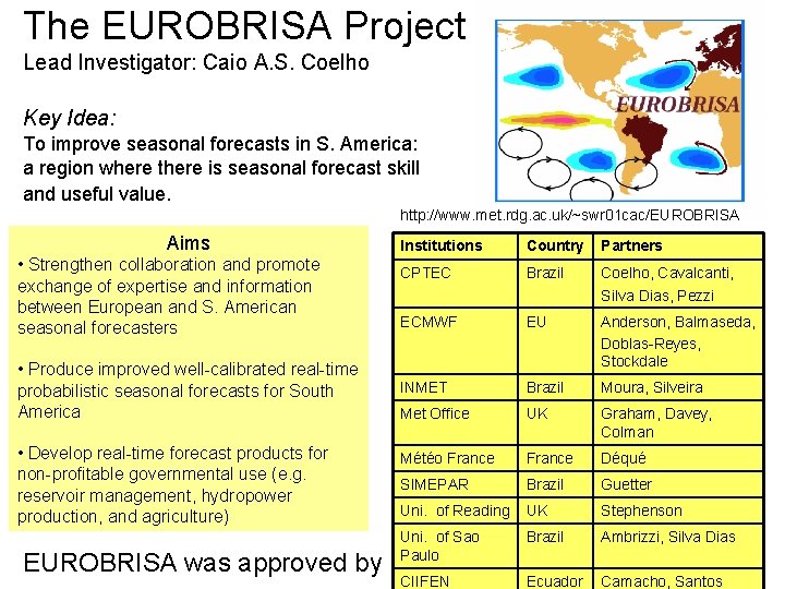 The EUROBRISA Project Lead Investigator: Caio A. S. Coelho Key Idea: To improve seasonal