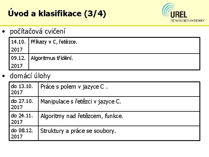 Úvod a klasifikace (3/4) • počítačová cvičení 14. 10. Příkazy v C, řetězce. 2017