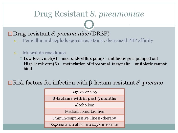Drug Resistant S. pneumoniae � Drug-resistant S. pneumoniae (DRSP) 1. Penicillin and cephalosporin resistance: