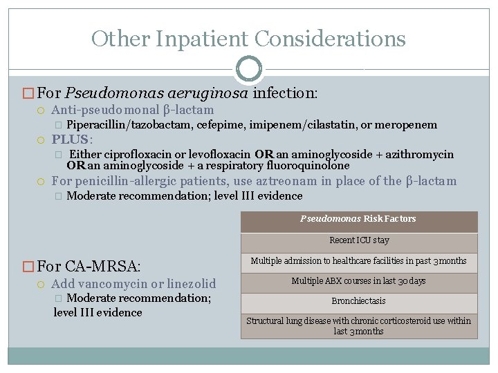 Other Inpatient Considerations � For Pseudomonas aeruginosa infection: Anti-pseudomonal β-lactam � PLUS: � Piperacillin/tazobactam,