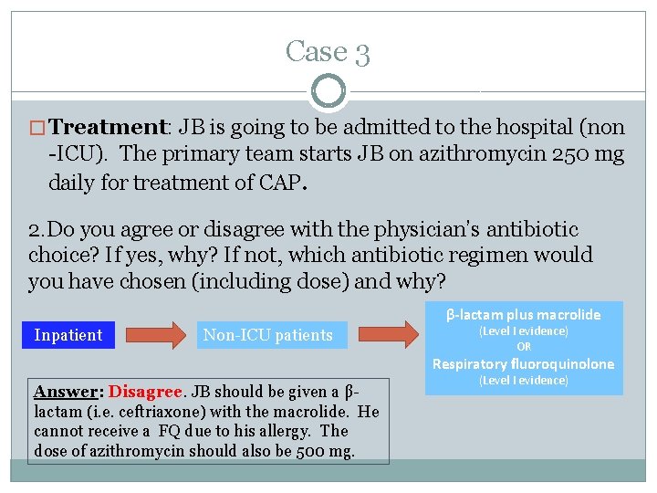 Case 3 � Treatment: JB is going to be admitted to the hospital (non