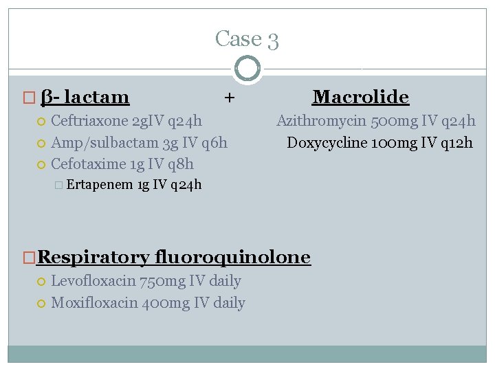 Case 3 � β- lactam + Ceftriaxone 2 g. IV q 24 h Amp/sulbactam