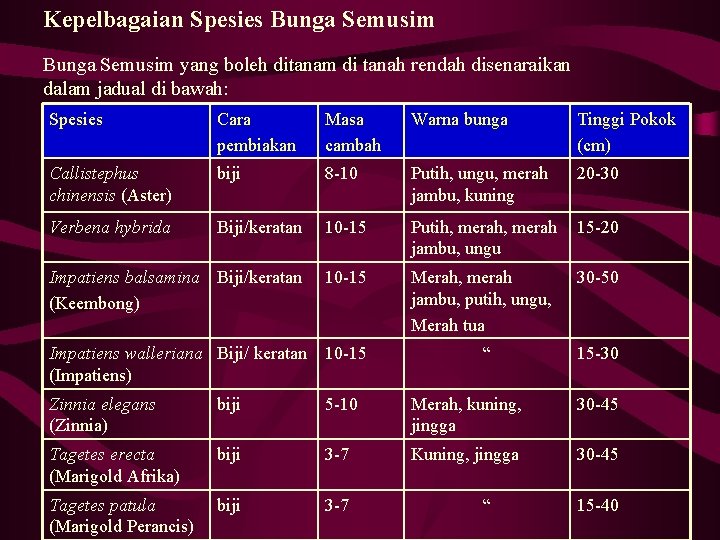 Kepelbagaian Spesies Bunga Semusim yang boleh ditanam di tanah rendah disenaraikan dalam jadual di