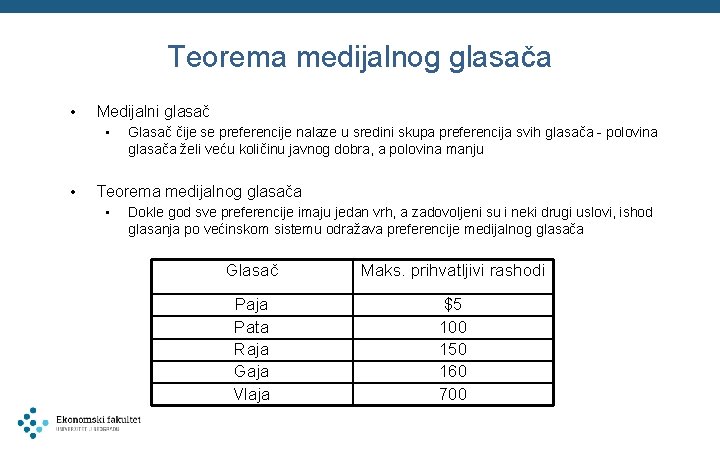 Teorema medijalnog glasača • Medijalni glasač • • Glasač čije se preferencije nalaze u