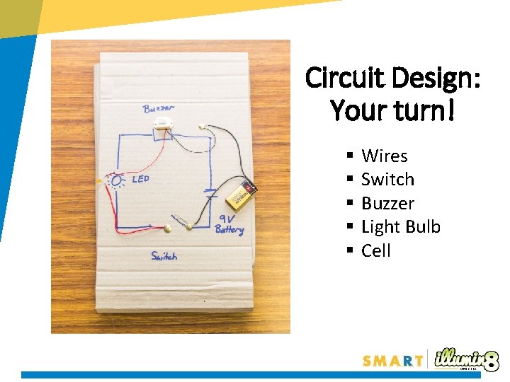 Circuit Design: Your turn! § § § Wires Switch Buzzer Light Bulb Cell 