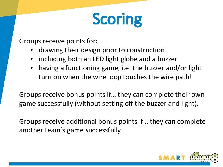 Scoring Groups receive points for: • drawing their design prior to construction • including