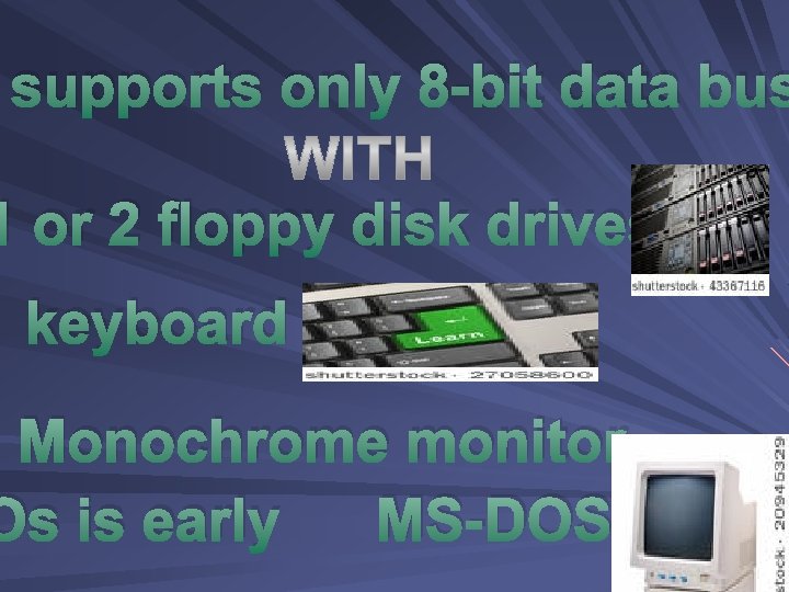 supports only 8 -bit data bus 1 or 2 floppy disk drives keyboard Monochrome