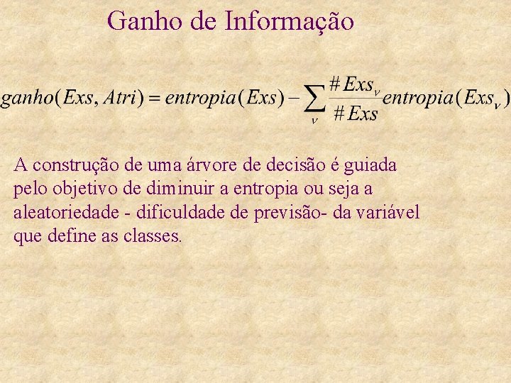 Ganho de Informação A construção de uma árvore de decisão é guiada pelo objetivo