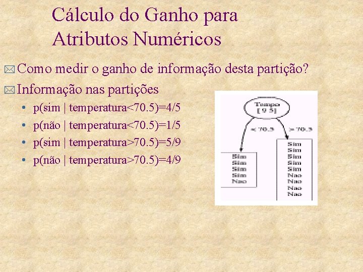 Cálculo do Ganho para Atributos Numéricos * Como medir o ganho de informação desta