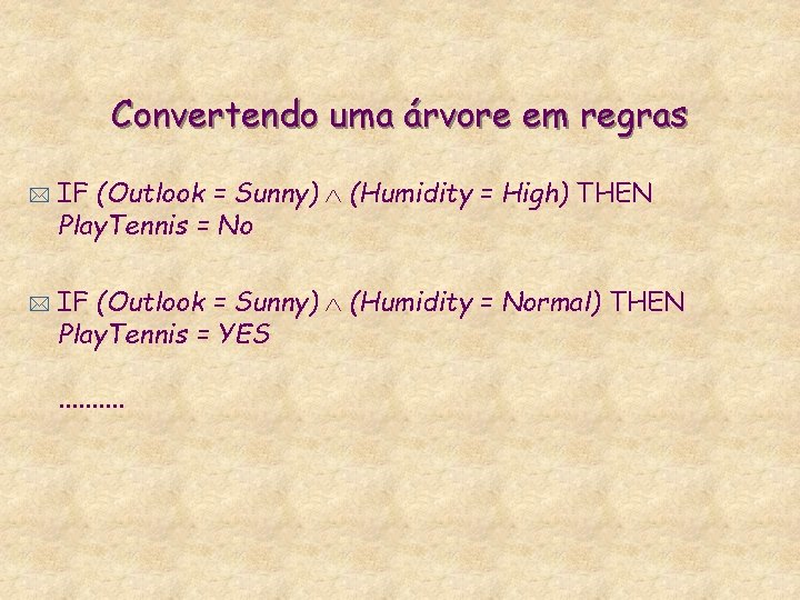 Convertendo uma árvore em regras * * IF (Outlook = Sunny) (Humidity = High)