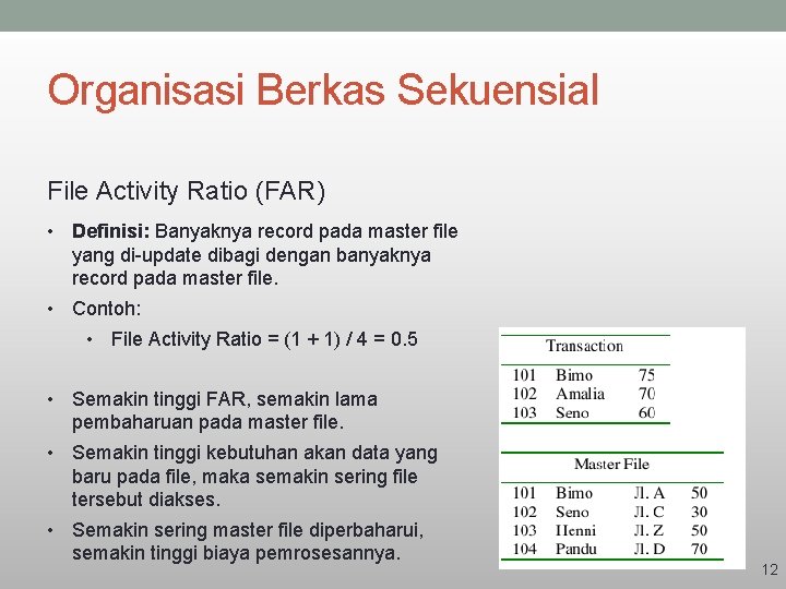 Organisasi Berkas Sekuensial File Activity Ratio (FAR) • Definisi: Banyaknya record pada master file