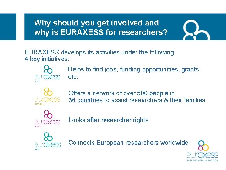 Why should you get involved and why is EURAXESS for researchers? EURAXESS develops its
