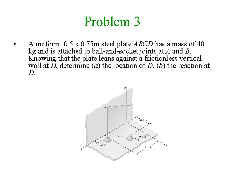 Problem 3 • A uniform 0. 5 x 0. 75 m steel plate ABCD