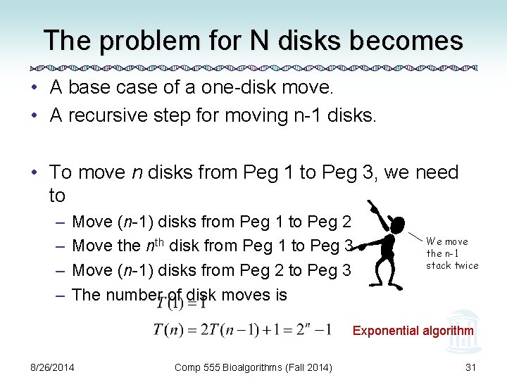 The problem for N disks becomes • A base case of a one-disk move.