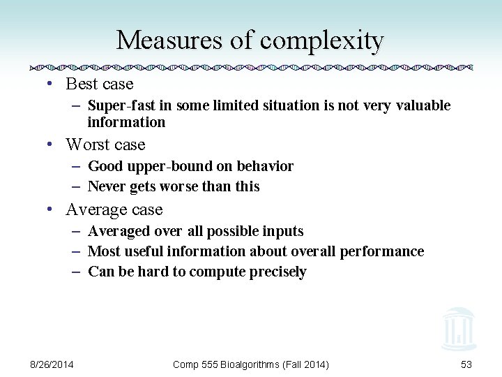 Measures of complexity • Best case – Super-fast in some limited situation is not