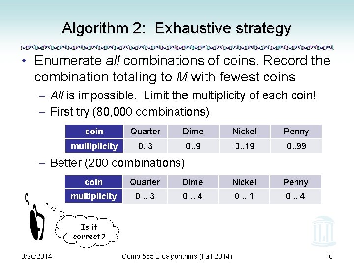 Algorithm 2: Exhaustive strategy • Enumerate all combinations of coins. Record the combination totaling