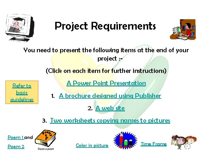 Project Requirements You need to present the following items at the end of your