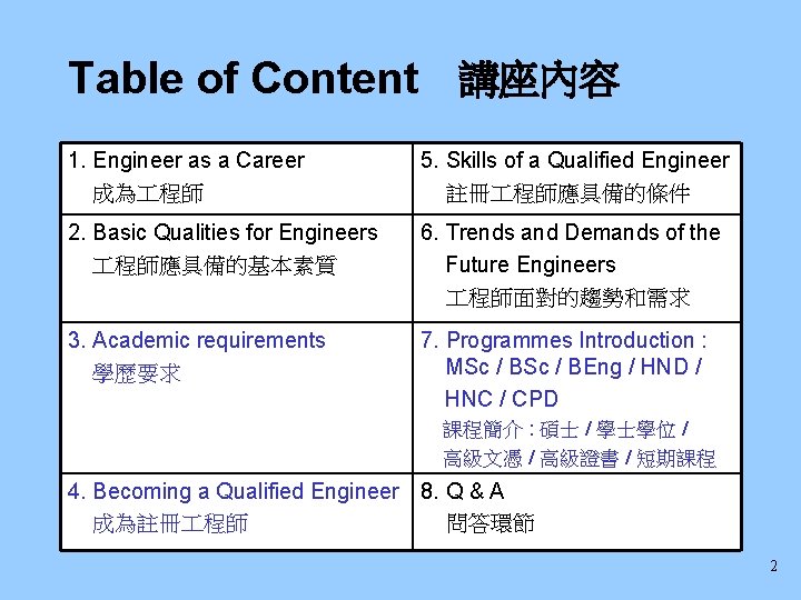 Table of Content 講座內容 1. Engineer as a Career 成為 程師 5. Skills of