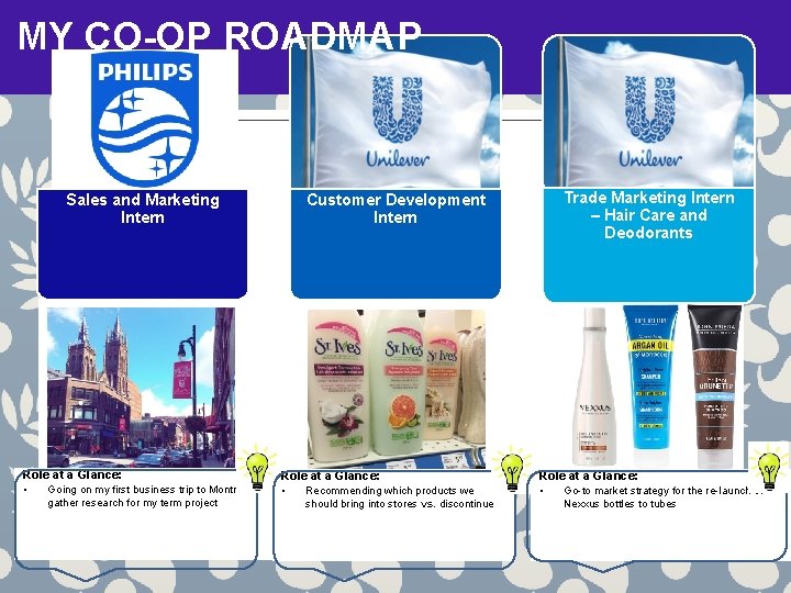 MY CO-OP ROADMAP Trade Marketing Intern – Hair Care and Deodorants Customer Development Intern