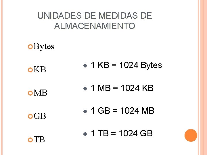 UNIDADES DE MEDIDAS DE ALMACENAMIENTO Bytes KB l 1 KB = 1024 Bytes MB