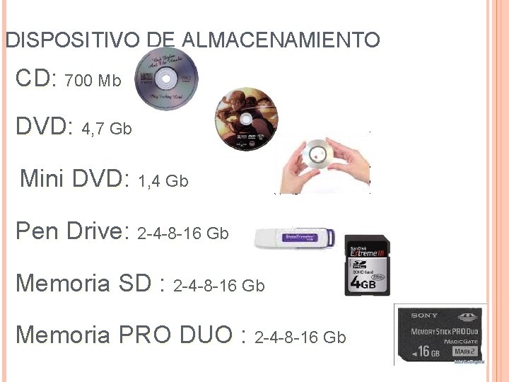 DISPOSITIVO DE ALMACENAMIENTO CD: 700 Mb DVD: 4, 7 Gb Mini DVD: 1, 4 DISPOSITIVO DE ALMACENAMIENTO CD: 700 Mb DVD: 4, 7 Gb Mini DVD: 1, 4