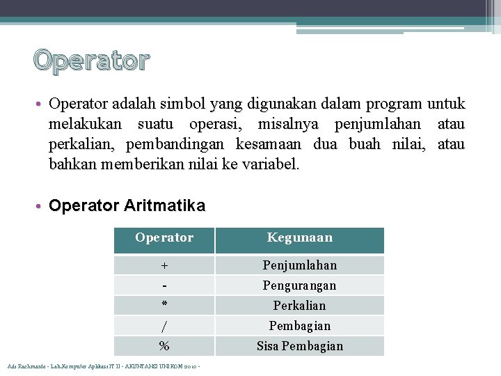 Operator • Operator adalah simbol yang digunakan dalam program untuk melakukan suatu operasi, misalnya