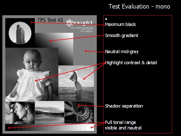 Test Evaluation - mono • Maximum black Smooth gradient Neutral mid-grey Highlight contrast &