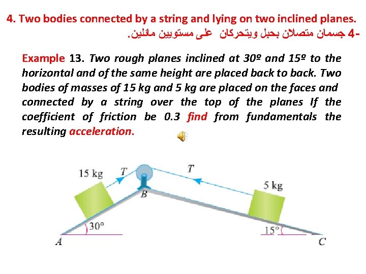 4. Two bodies connected by a string and lying on two inclined planes. .