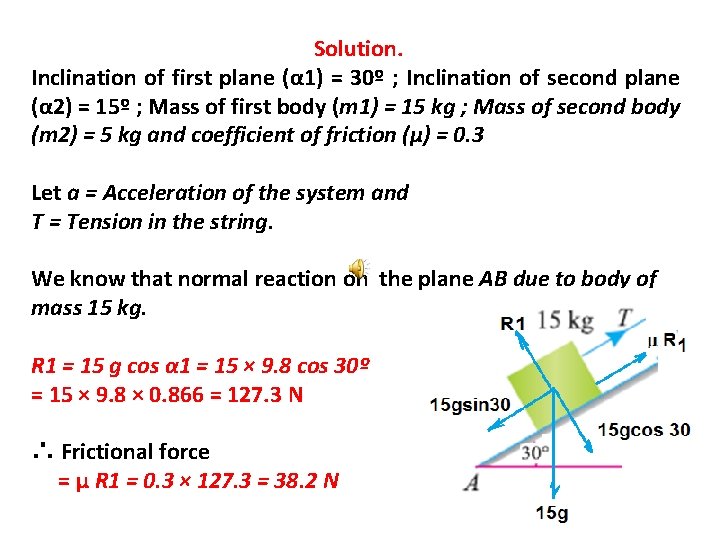 Solution. Inclination of first plane (α 1) = 30º ; Inclination of second plane